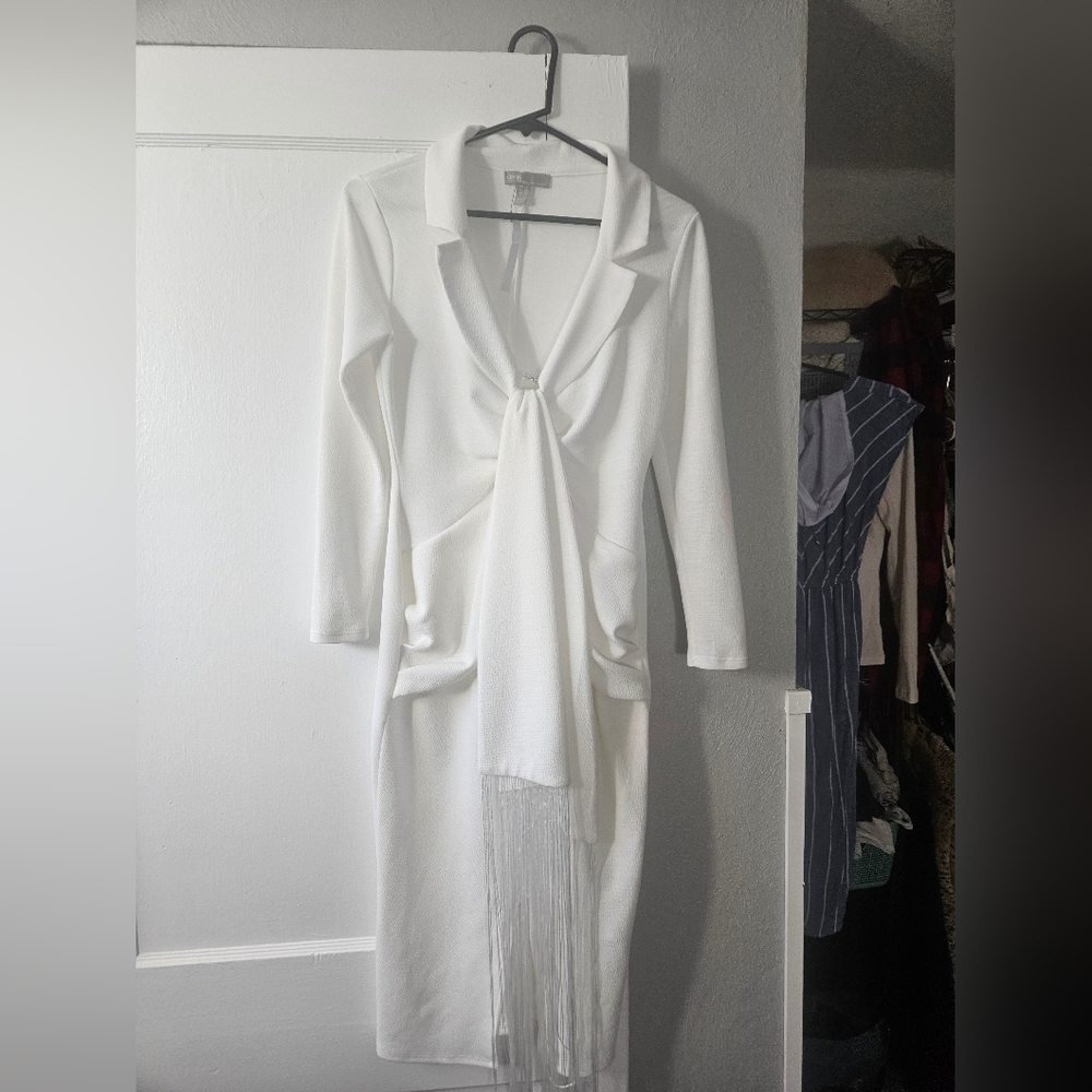 NWT Asos white maternity dress, fringe and ruched detail, size s